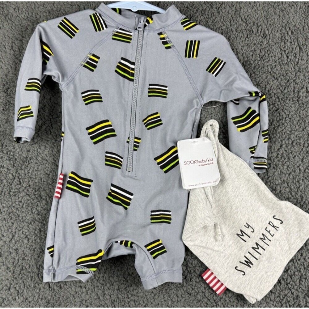 NWT SOOKIbaby Boy Swimsuit 6-9 Rash Gaurd One  Gray Stripe Dotur 6 9 UPF  Sooki
